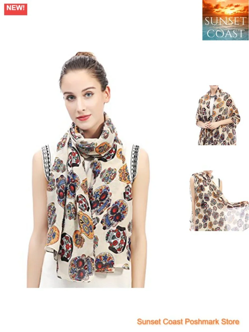 Day of the Dead Sugar Skull Print Large Scarf Shawl Lightweight Polyester